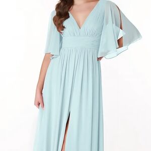 Azazie TemekaSea Glass A-Line Ruched Chiffon Dress Size 18